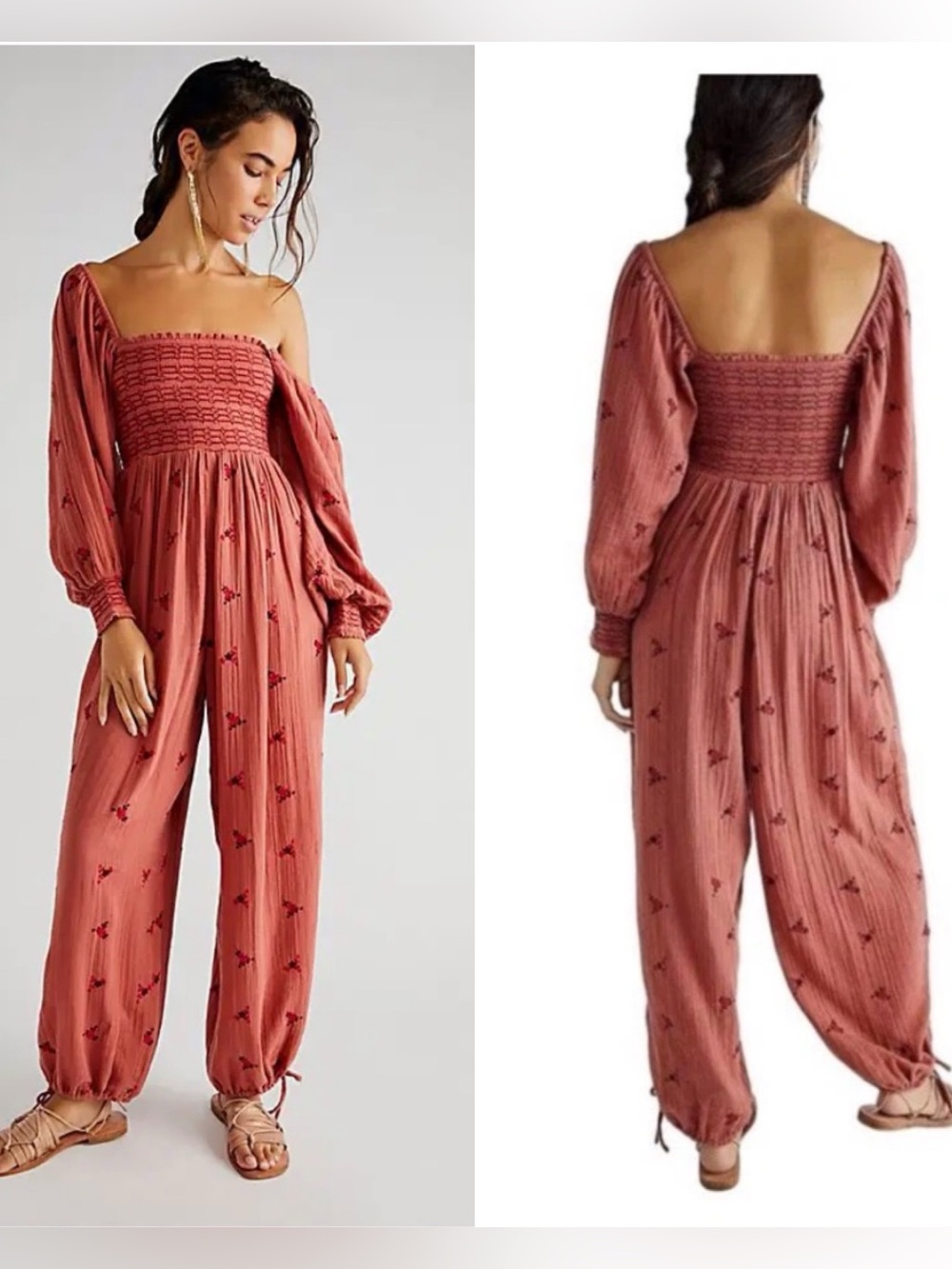 Free People Dahlia Embroidered Jumpsuit Dusty Rose S